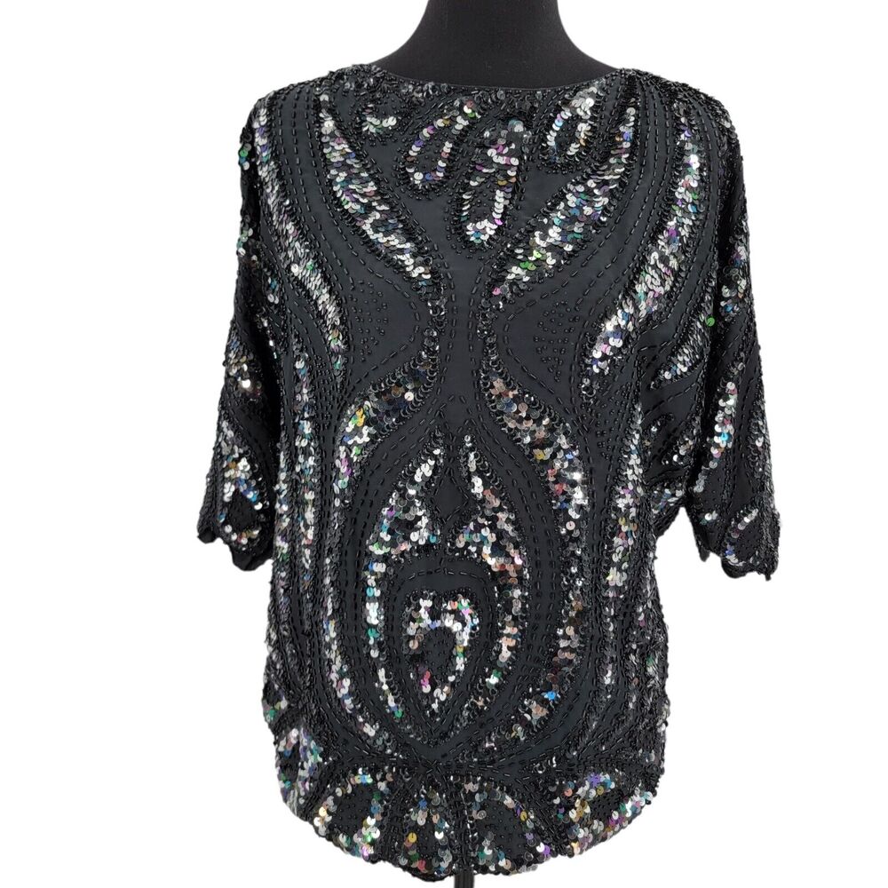 Silverleaf Blouse Womens Large Beaded Sequined Scalloped Hem Lined Vintage